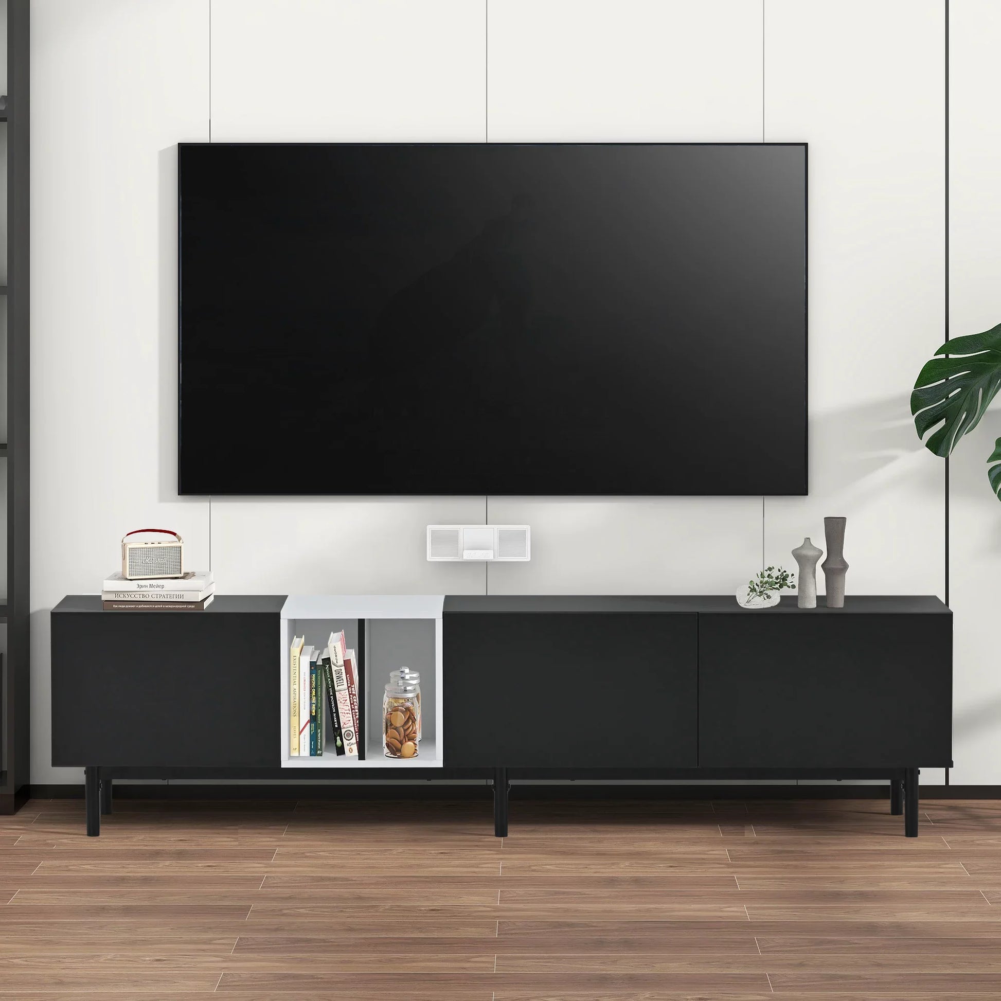 EUROCO Mid-Century Modern TV Stand Up to 80" Contemporary Rectangle ,Unique Style TV Console Table with 3 Doors & Large Storage Cabinet for Living Room Bedroom