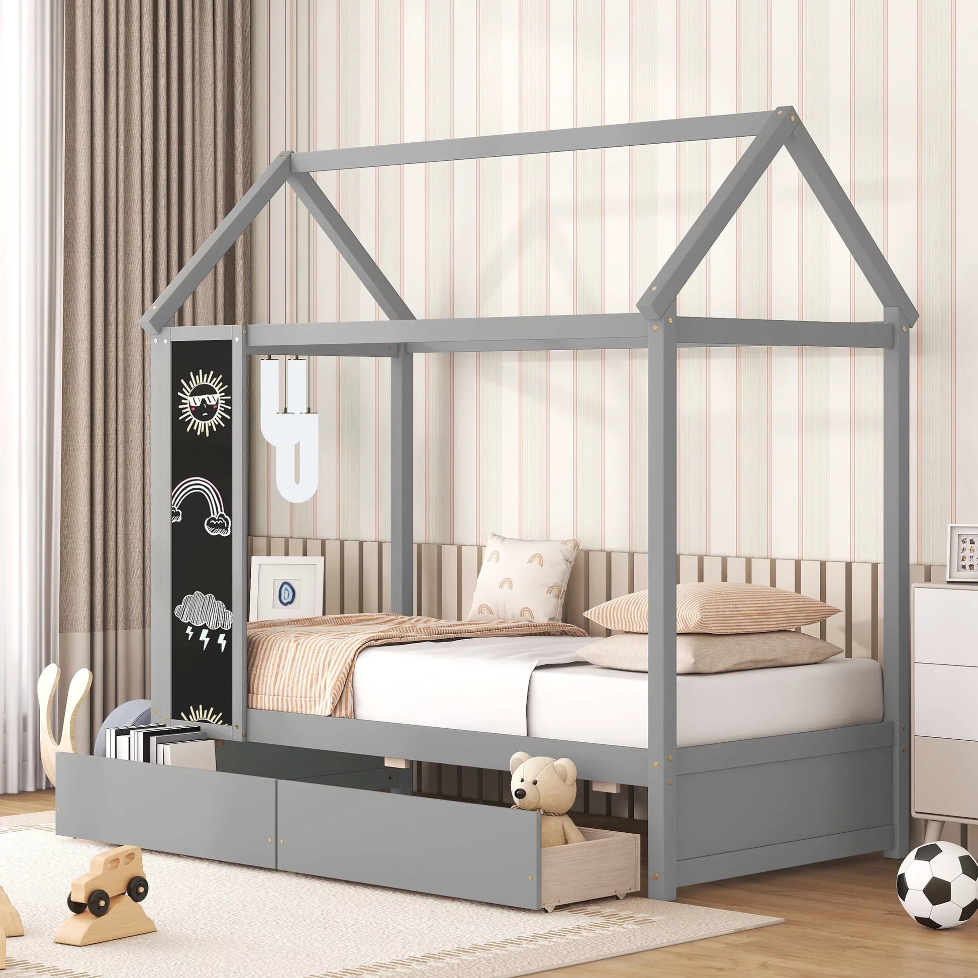 Euroco Twin Size House Bed with Drawers and Blackboard for Kids, Gray
