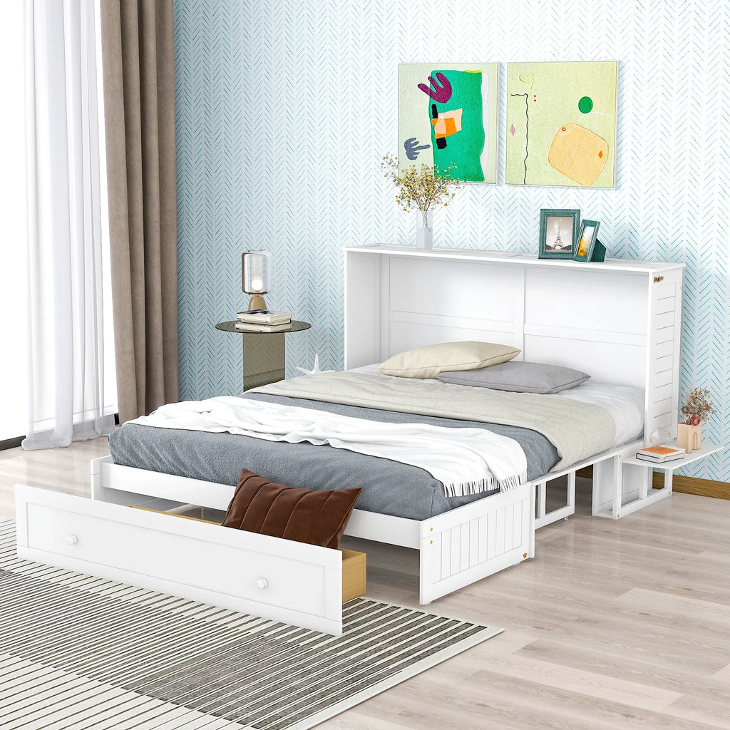 EUROCO Queen Size Murphy Bed with Shelf and Drawer for Adult Bedroom, White