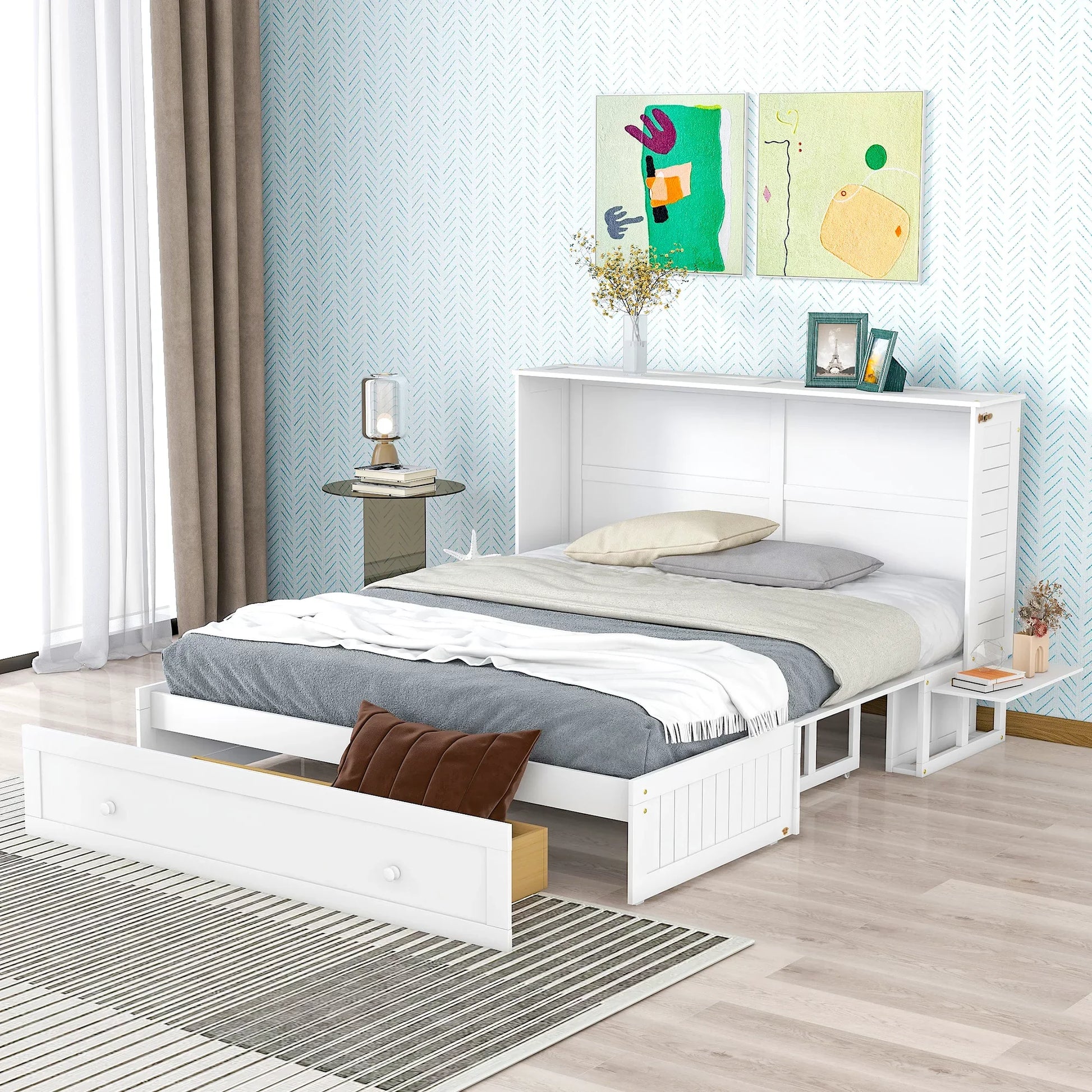 EUROCO Queen Size Murphy Bed with Shelf and Drawer for Adult Bedroom, White