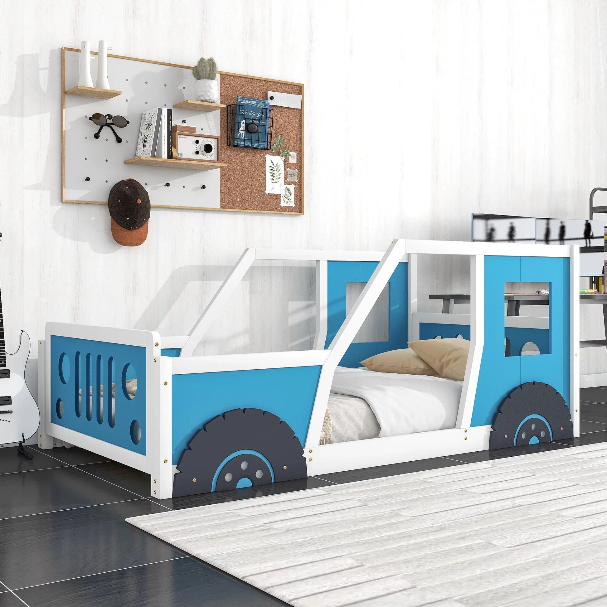 Car-Shaped Twin Size Wood Platform Bed for Kids’ Bedroom, Blue
