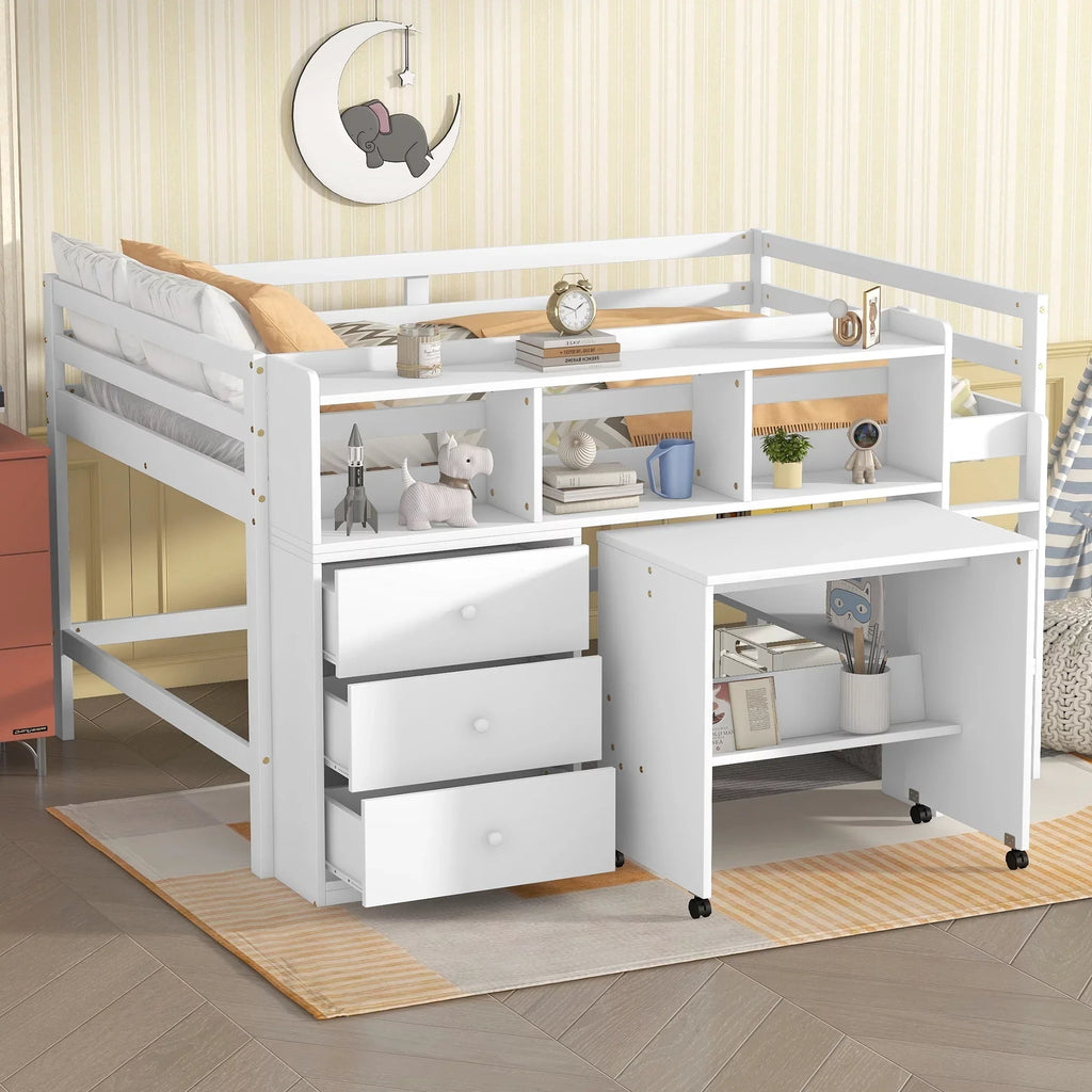 Full Size Pine Wood Loft Bed with Desk, Drawers and a Shelf for Kids Room, White
