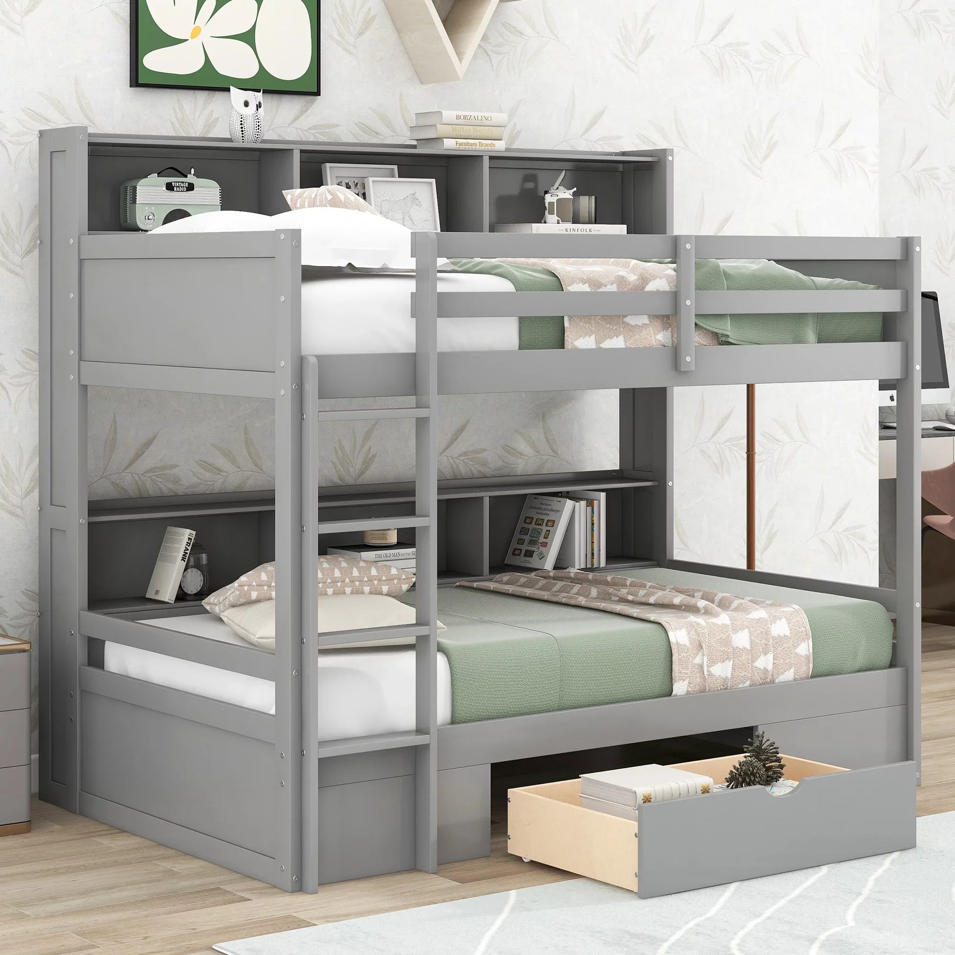 Modern Wood Twin Bunk bed with Shelves and Drawer for Kids Room, Gray