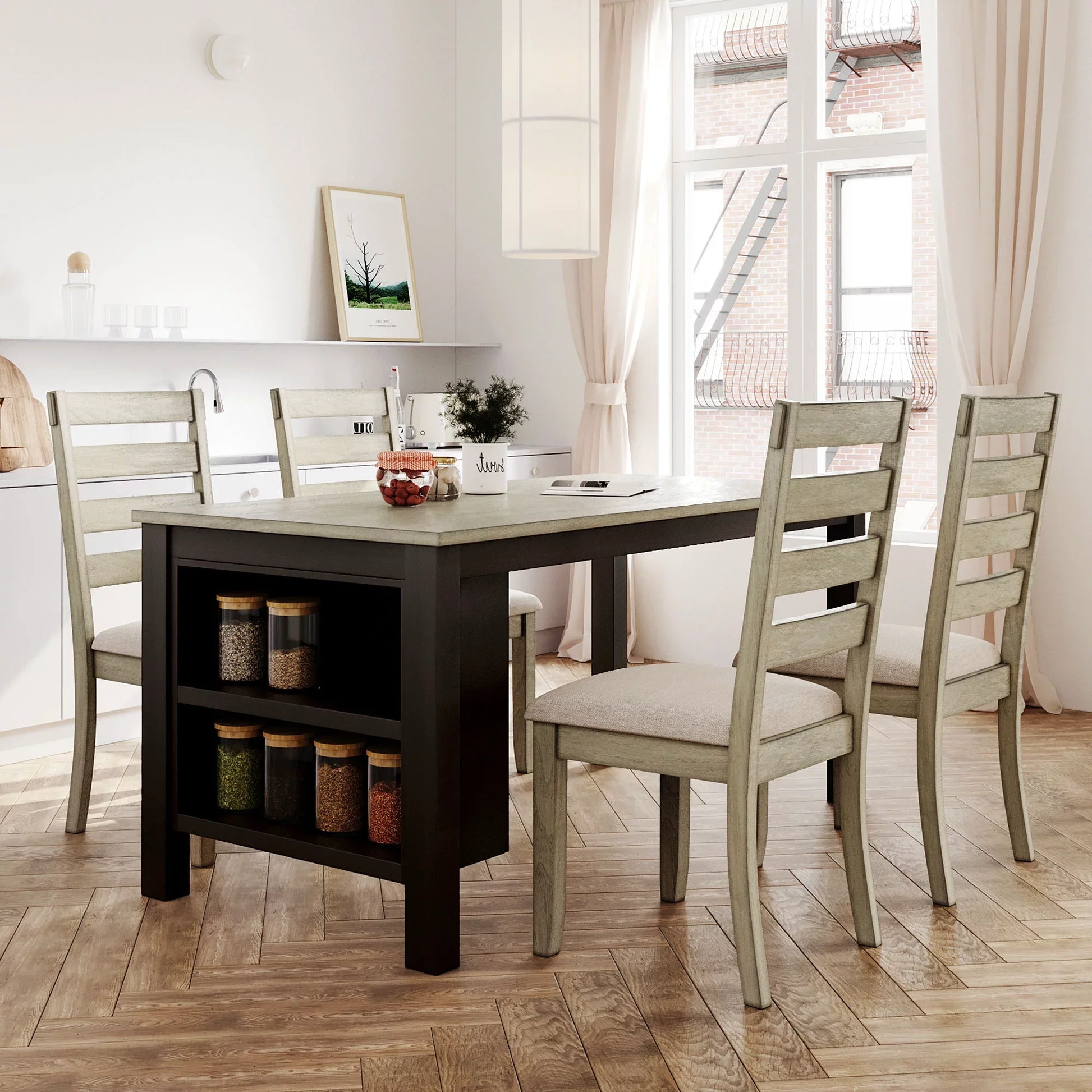 EUROCO Farmhouse Wood 59.8" 5-Piece Dining Table Set with 2-Tier Storage Shelves,Kitchen Set for 4 with Padded Dining Chairs, Beige