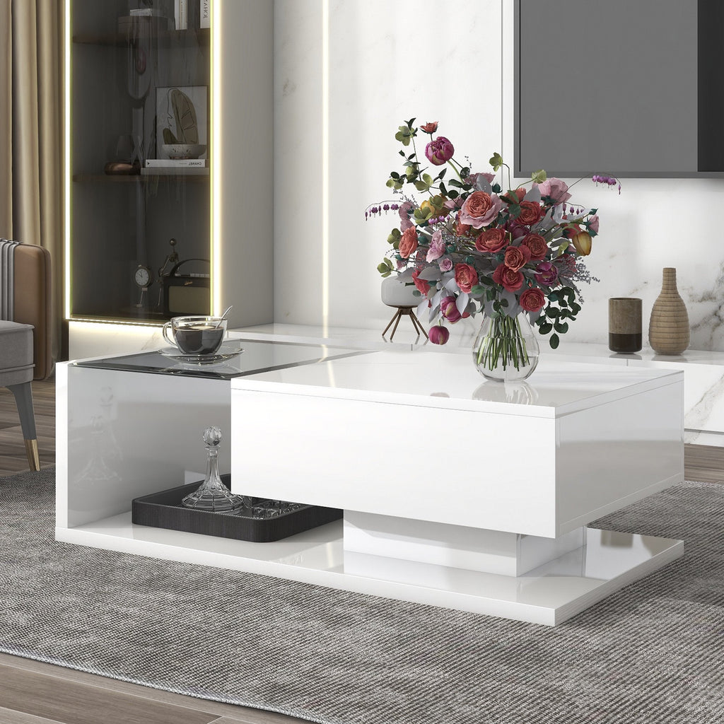 EUROCO 39.3" Coffee Table with Tempered Glass, Wooden Cocktail Table with High-gloss UV Surface, Modernist 2-Tier Rectangle Center Table for Living Room, White