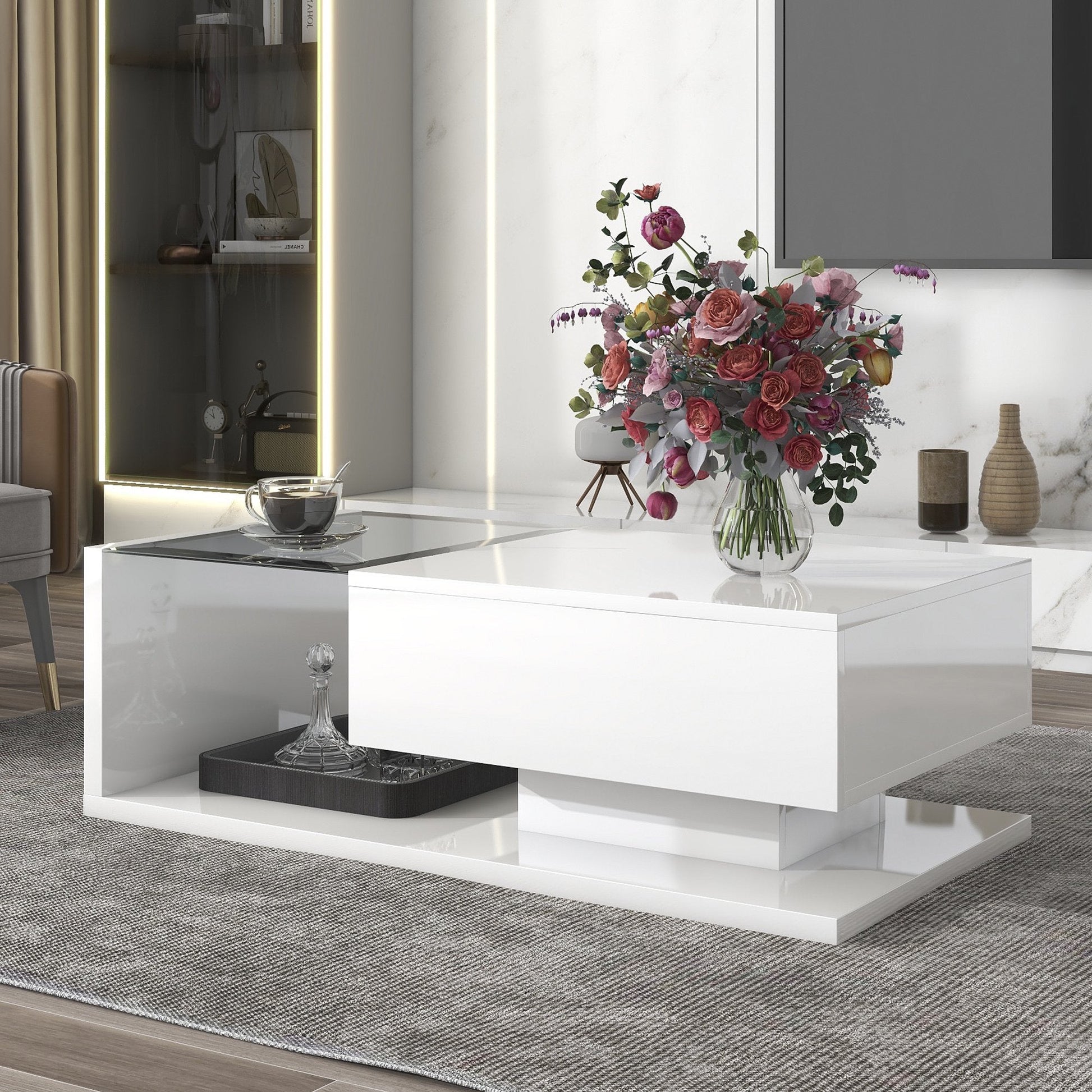 EUROCO 39.3" Coffee Table with Tempered Glass, Wooden Cocktail Table with High-gloss UV Surface, Modernist 2-Tier Rectangle Center Table for Living Room, White