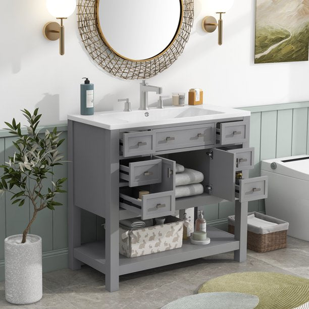 EUROCO 36" Bathroom Vanity with Top Sink, Modern Bathroom Storage Cabinet with 2 Soft Closing Doors and 6 Drawers, Single Sink Bathroom Vanity