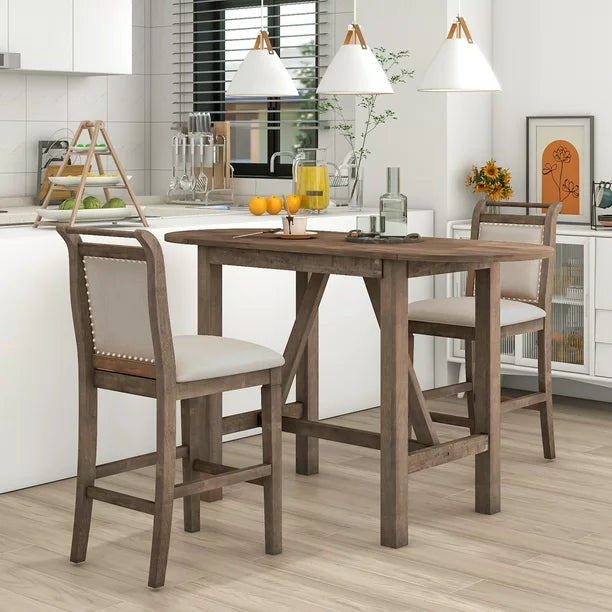 EUROCO 35.4"L 3-Pieces Small Place Dining Table Set for 2, Kitchen Dining Table with Drop Leaf,Wood Counter Height Dining set,Brown