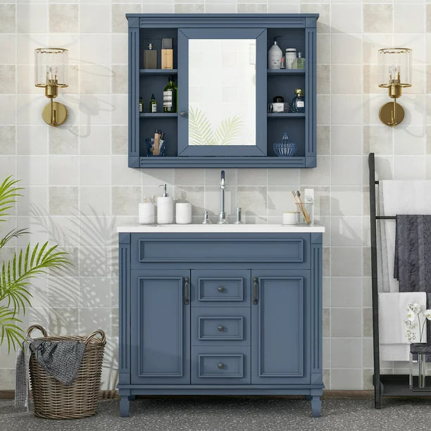 EUROCO 36" Bathroom Vanity with Top Sink, Royal Blue Mirror Cabinet, Modern Bathroom Storage Cabinet with 2 Soft Closing Doors and 2 Drawers, Single Sink Bathroom Vanity