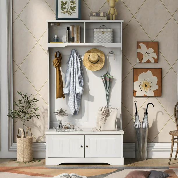 EUROCO 72" Large Entryway Hall Tree with Storage Bench and Coat Rack, 4 Hooks, 2 Shelves for Hallway Living Room Bedroom Home, White