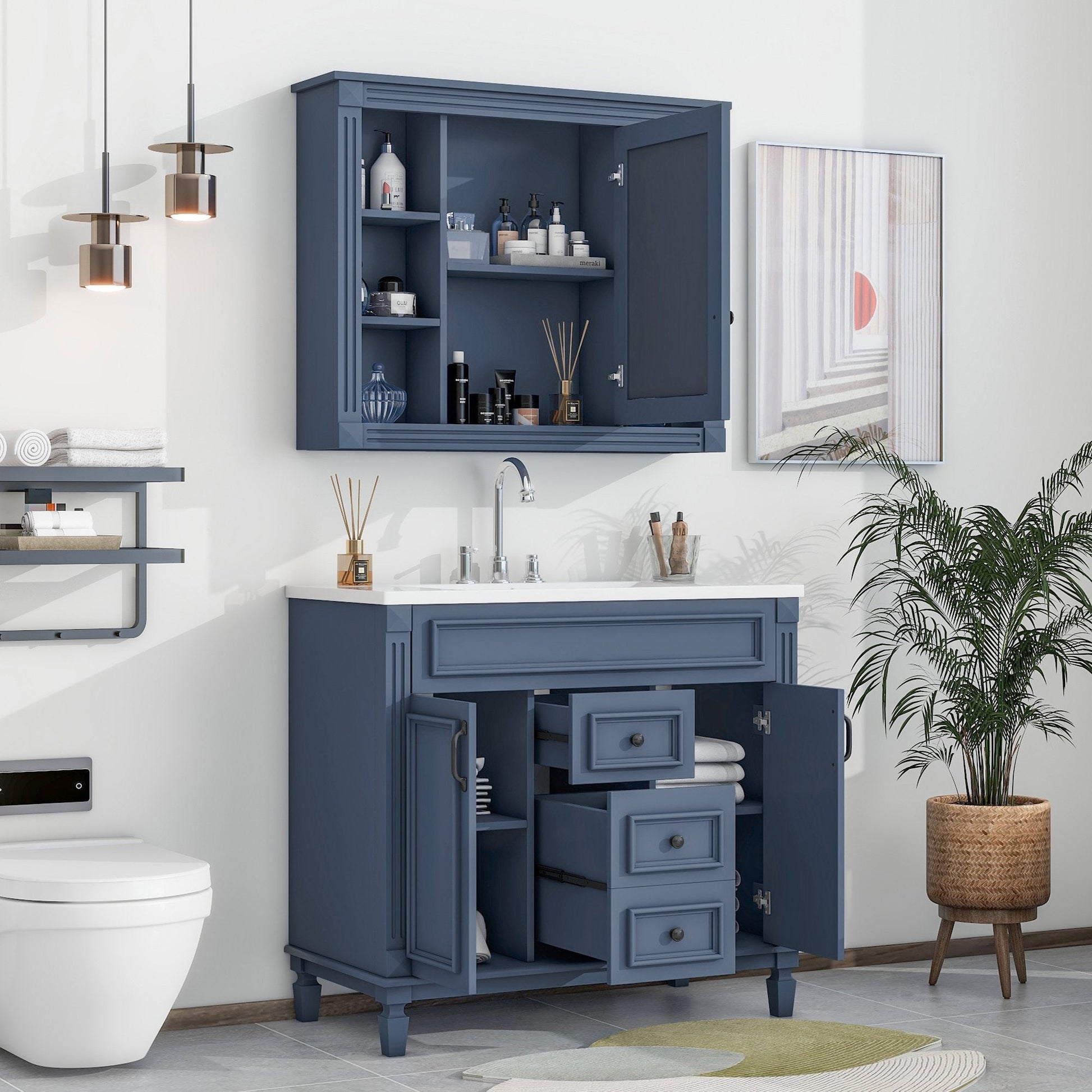 EUROCO 36" Bathroom Vanity with Top Sink, Royal Blue Mirror Cabinet, Modern Bathroom Storage Cabinet with 2 Soft Closing Doors and 2 Drawers, Single Sink Bathroom Vanity