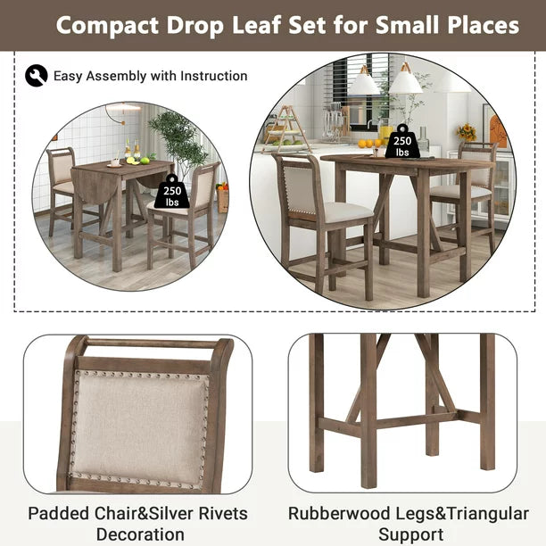 EUROCO 35.4"L 3-Pieces Small Place Dining Table Set for 2, Kitchen Dining Table with Drop Leaf,Wood Counter Height Dining set,Brown