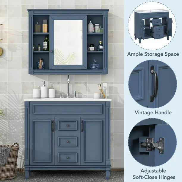 EUROCO 36" Bathroom Vanity with Top Sink, Royal Blue Mirror Cabinet, Modern Bathroom Storage Cabinet with 2 Soft Closing Doors and 2 Drawers, Single Sink Bathroom Vanity