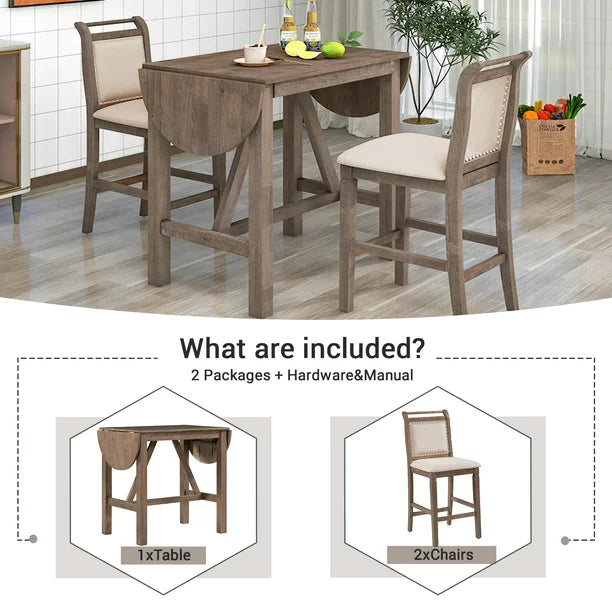EUROCO 35.4"L 3-Pieces Small Place Dining Table Set for 2, Kitchen Dining Table with Drop Leaf,Wood Counter Height Dining set,Brown
