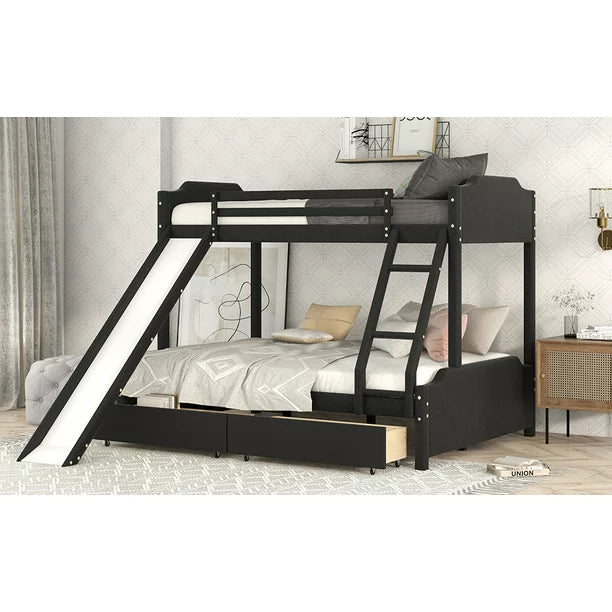 EUROCO Upholstery Twin over Full Bunk Bed with Slide and Drawers for Kids Room, Black