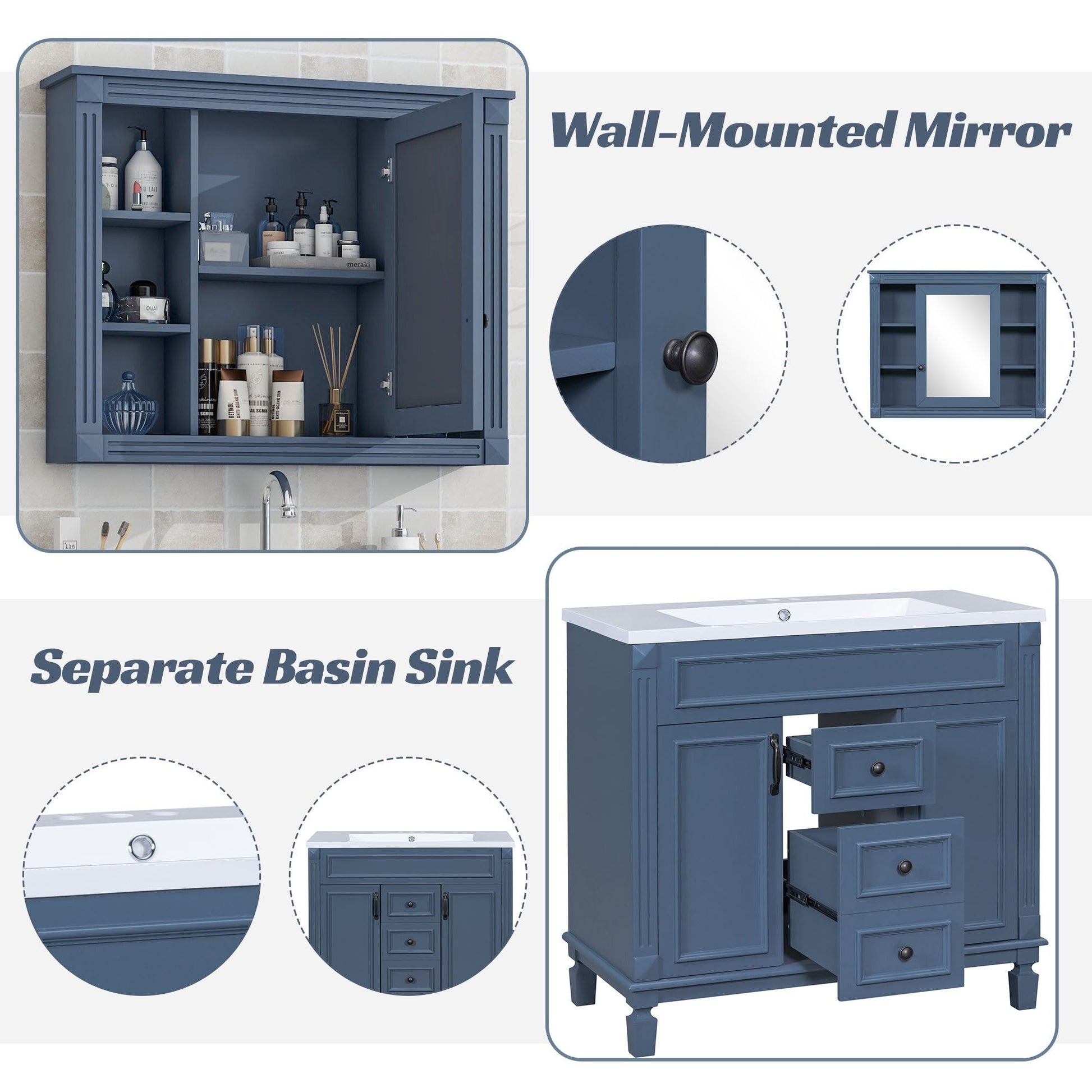 EUROCO 36" Bathroom Vanity with Top Sink, Royal Blue Mirror Cabinet, Modern Bathroom Storage Cabinet with 2 Soft Closing Doors and 2 Drawers, Single Sink Bathroom Vanity