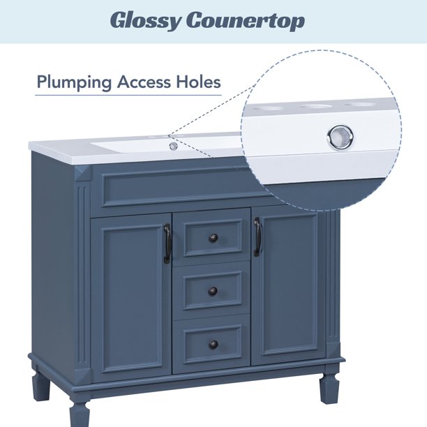 EUROCO 36" Bathroom Vanity with Top Sink, Royal Blue Mirror Cabinet, Modern Bathroom Storage Cabinet with 2 Soft Closing Doors and 2 Drawers, Single Sink Bathroom Vanity