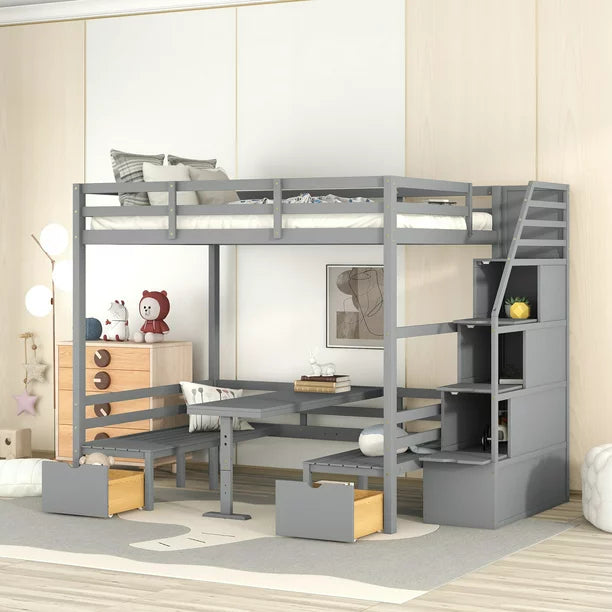 EUROCO Full Size Bunk Bed with Convertible Down Bed and Storage Staircase, Gray