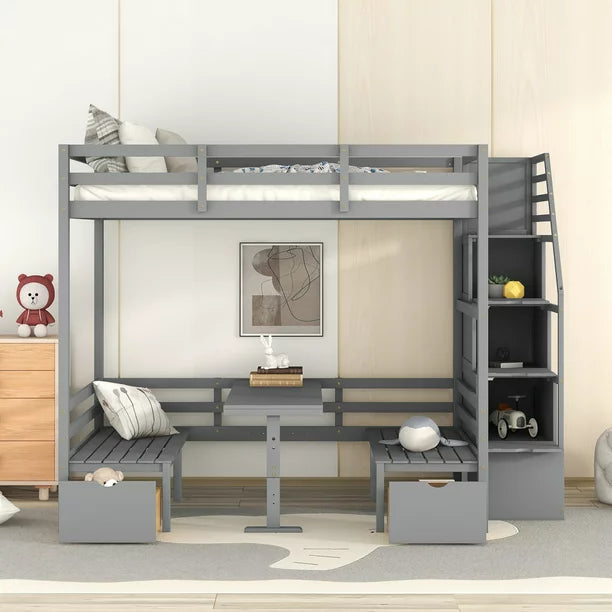 EUROCO Full Size Bunk Bed with Convertible Down Bed and Storage Staircase, Gray