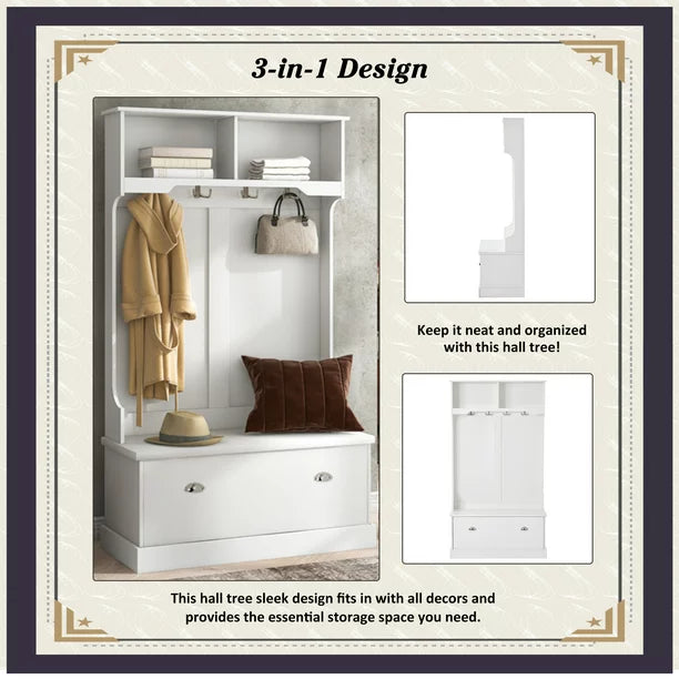 EUROCO 71.9" Large Entryway Hall Tree with Storage Bench and Coat Rack, 4 Hooks, 4 Shelves for Hallway Living Room Bedroom Home, White