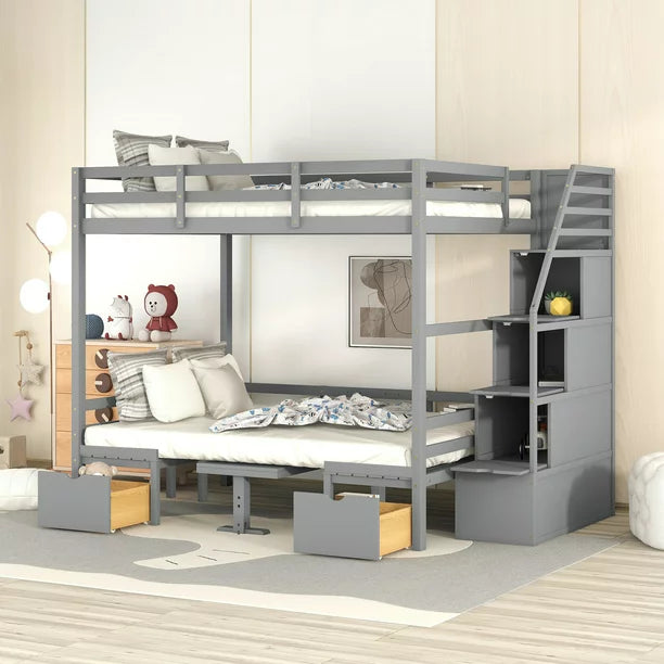 EUROCO Full Size Bunk Bed with Convertible Down Bed and Storage Staircase, Gray