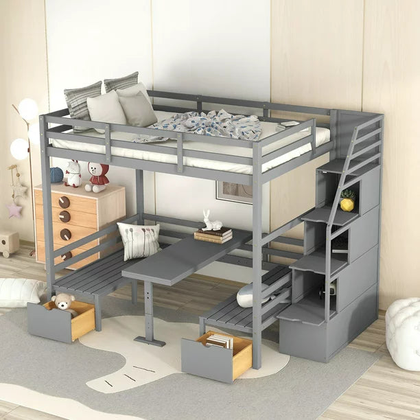 EUROCO Full Size Bunk Bed with Convertible Down Bed and Storage Staircase, Gray
