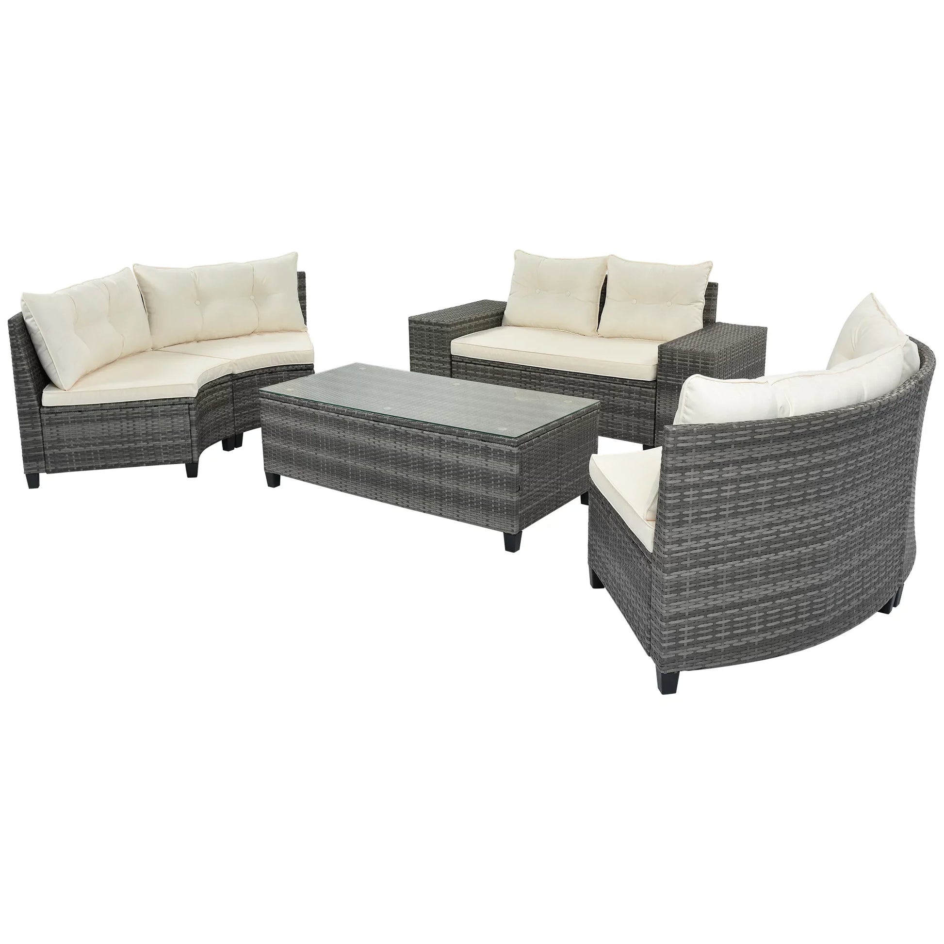 Euroco 8-pieces Outdoor Wicker Sofa Set, Curved Sofa Set With Glass Coffee Table, Half-Moon Sectional Sets PE Rattan Water-resistant and UV Protected, Beige