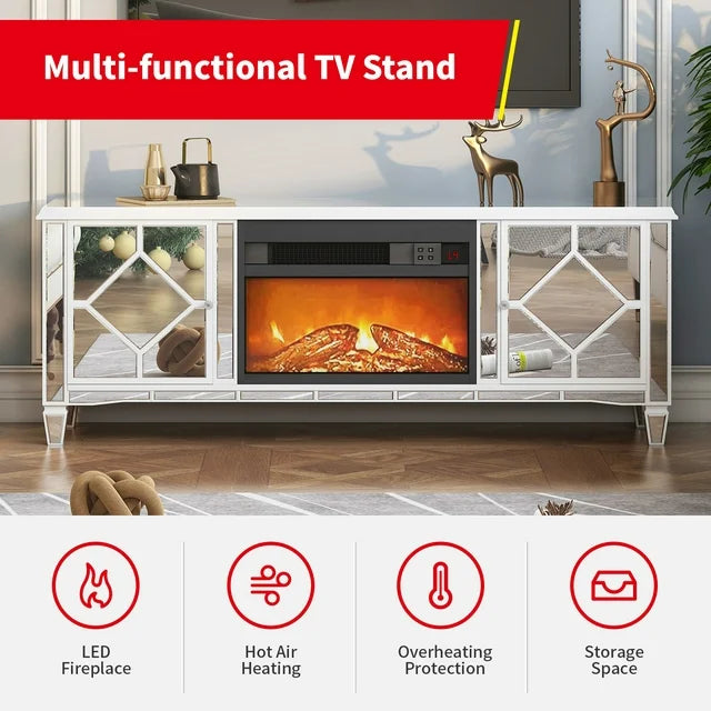 Puremind Mirrored TV Stand for 65+Inch TV, Mirrored Electric Fireplace TV Stand, Mantel Freestanding Heater/7 Colors 3D Realistic Flame Effect, Entertainment Center Furniture for Living Room, Silver