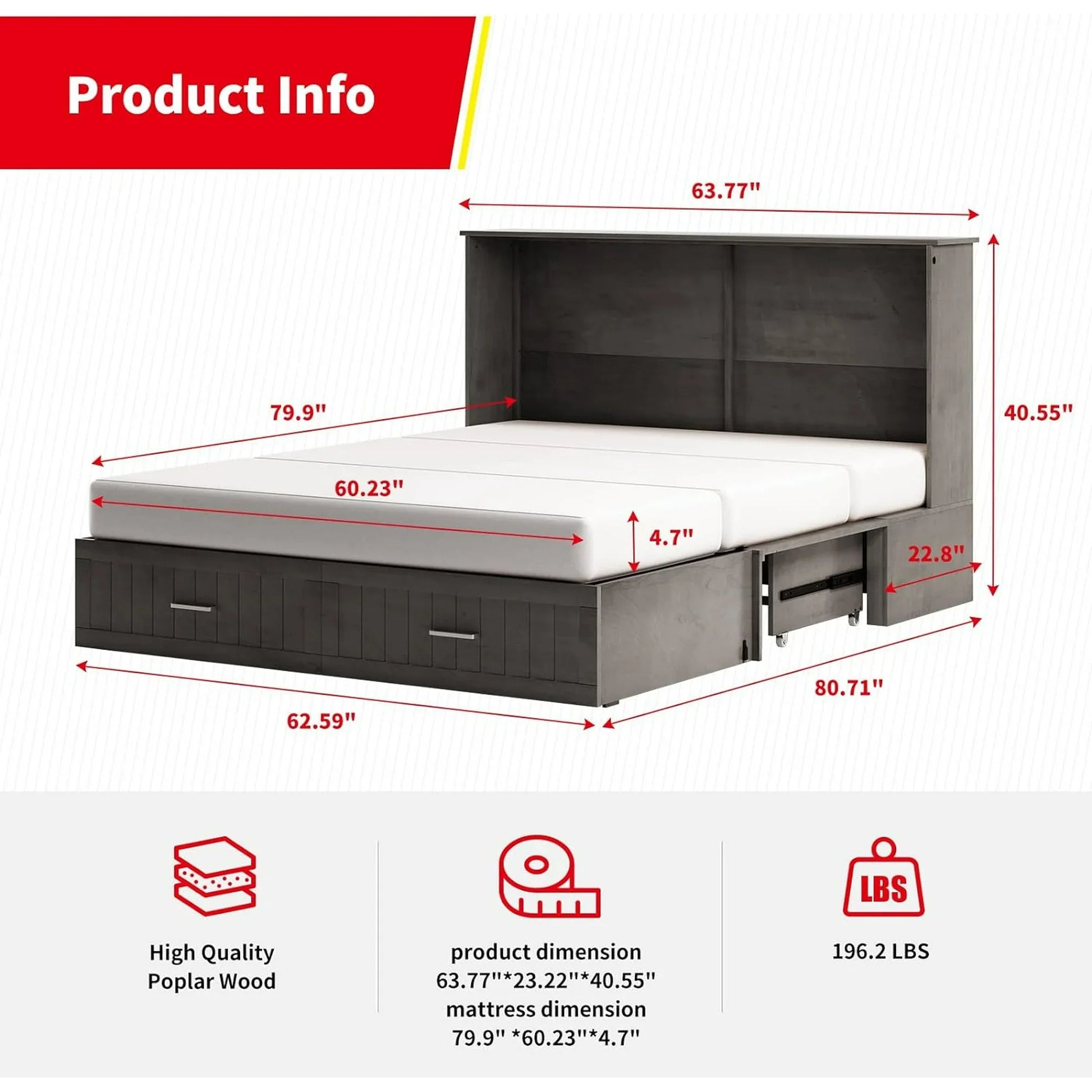PUREMIND Murphy Bed Cabinet with Built-in Charging Station and Storage Drawer, Solid Wood Cabinet Bed Queen Size with Mattress, Murphy Cube Chest Bed for Guest Room, Home, Office(Style 3/Gray)