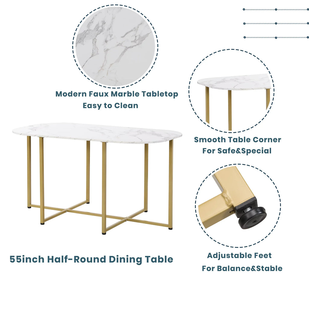 EUROCO 55"L Modern 7-Piece Dining Table Set with Faux Marble Compact, Kitchen Table Set for 6, Golden+White