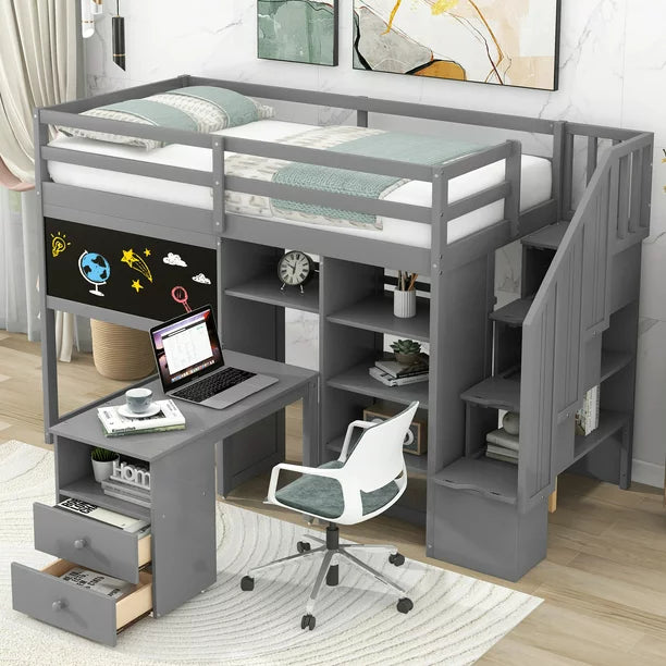 Pine Wood Loft Bed with Storage Staircase, Desk, Drawers and Blackboard for Kids, Twin, Gray