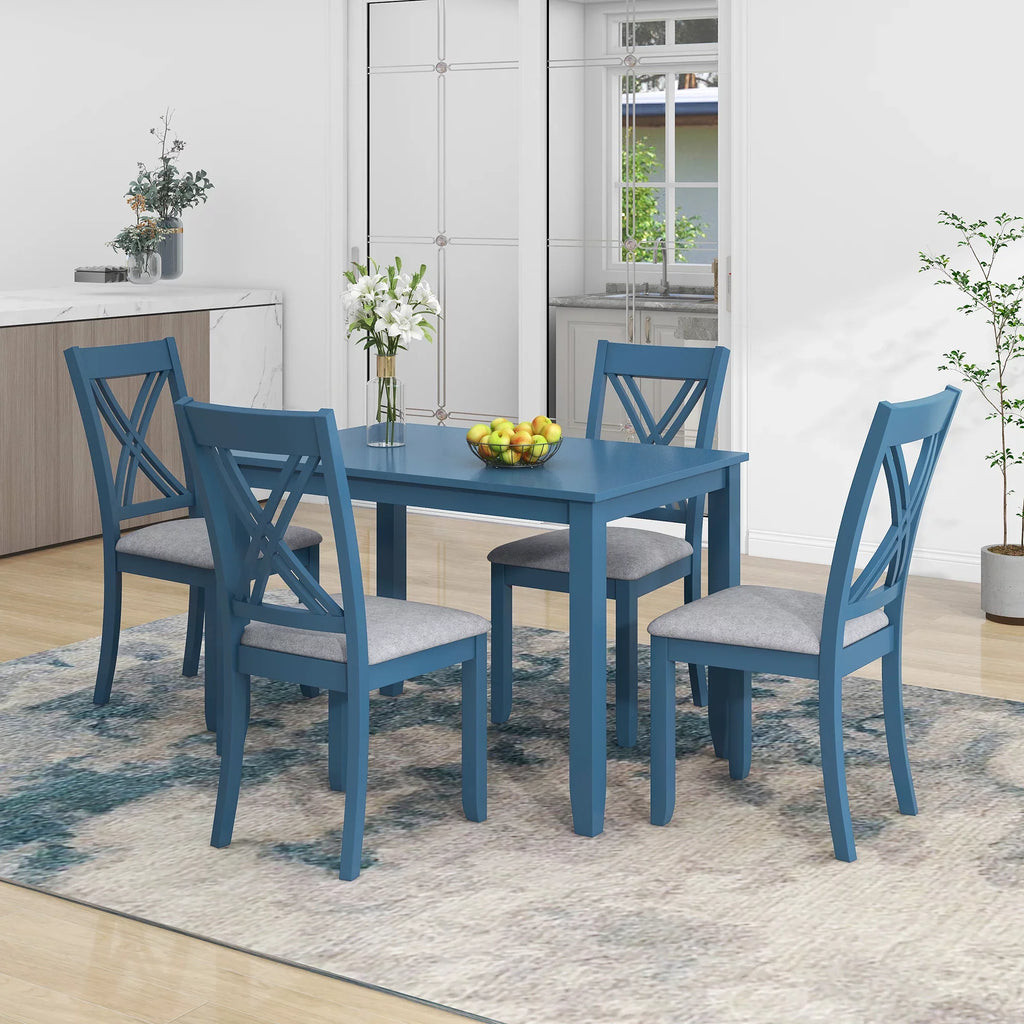 Wood 5-Piece 44.5" Dining Table Set with 4 X-Back Chairs for Small Places, Blue