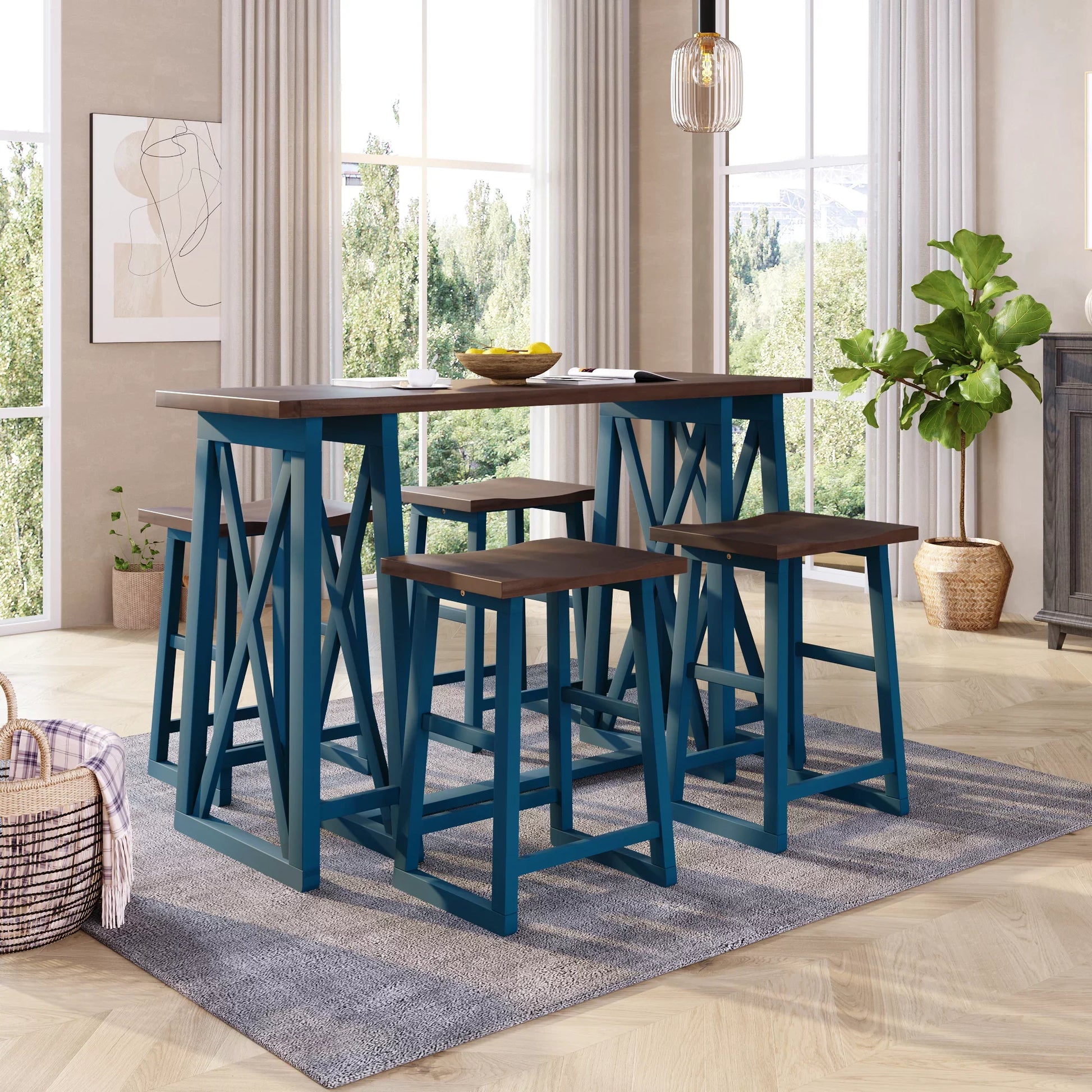Rustic 5-Piece 36" Dining Set, Wood Console Table Set with 4 Stools for Small Places,Walnut&Cream