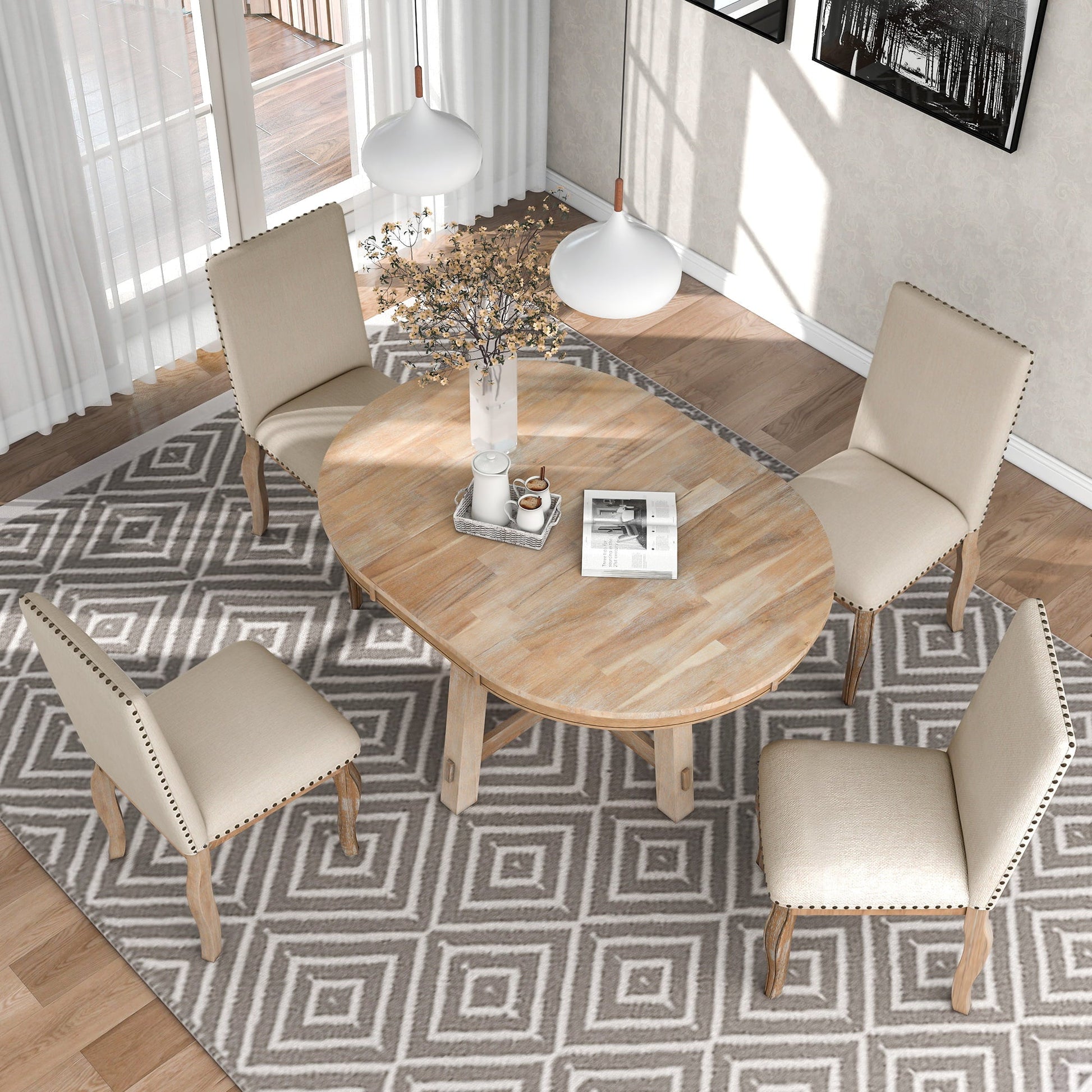 Euroco 5-Piece Farmhouse Dining Table Set Wood Round Extendable Dining Table and 4 Upholstered Dining Chairs (Natural Wood Wash)