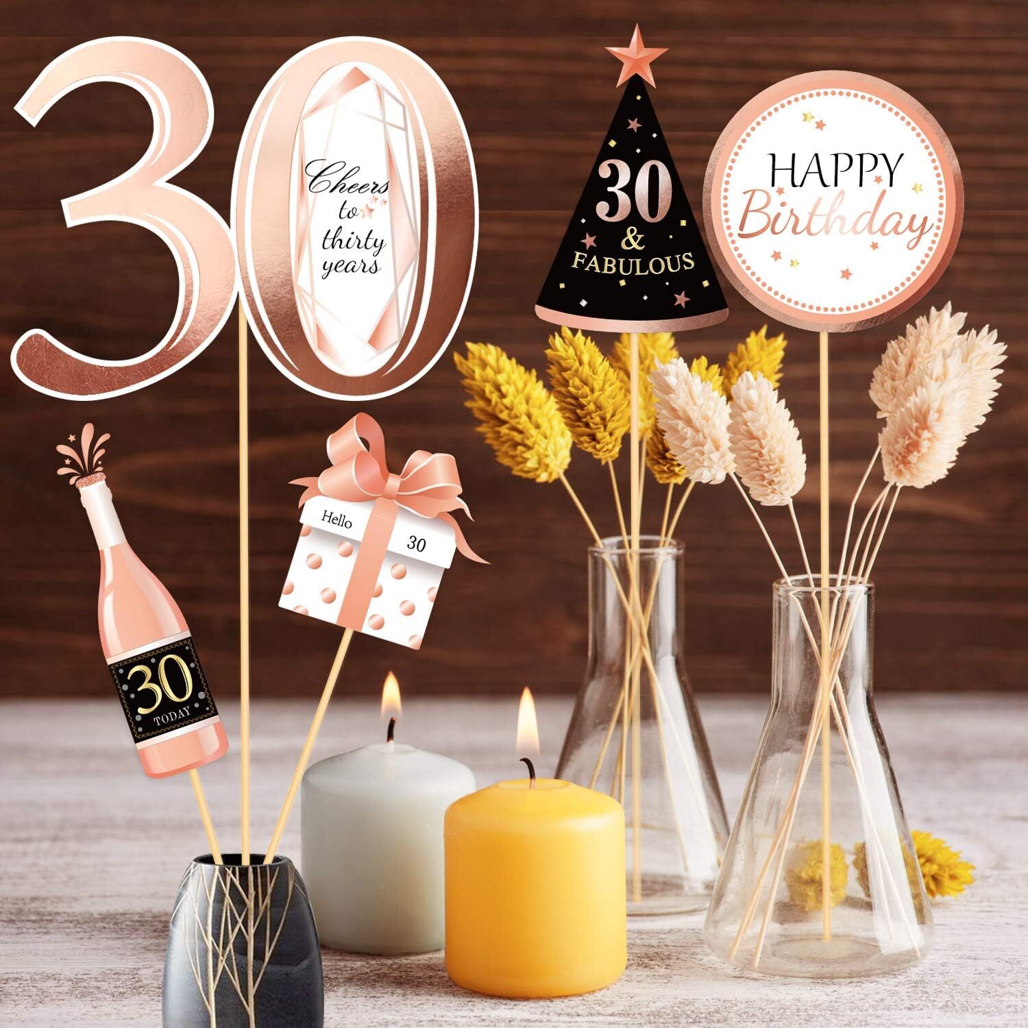 Konsait Rose Gold 30th Birthday Centerpiece Sticks, 30th Birthday Table Toppers Birthday Party Decorations Accessories, Cheers to 30 Years Birthday Party Favor Supplies