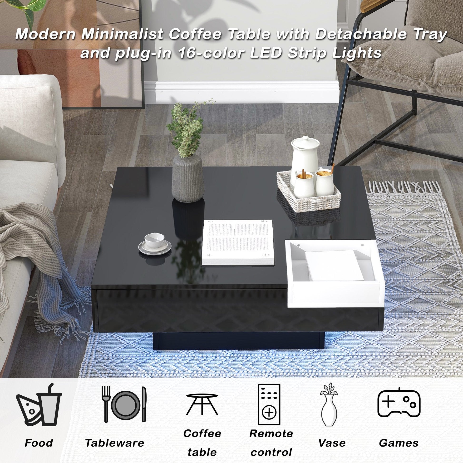 EUROCO Modern Minimalist Design 31.5*31.5in Square Coffee Table with Detachable Tray and Plug-in 16-color LED Strip Lights Remote Control for Living Room