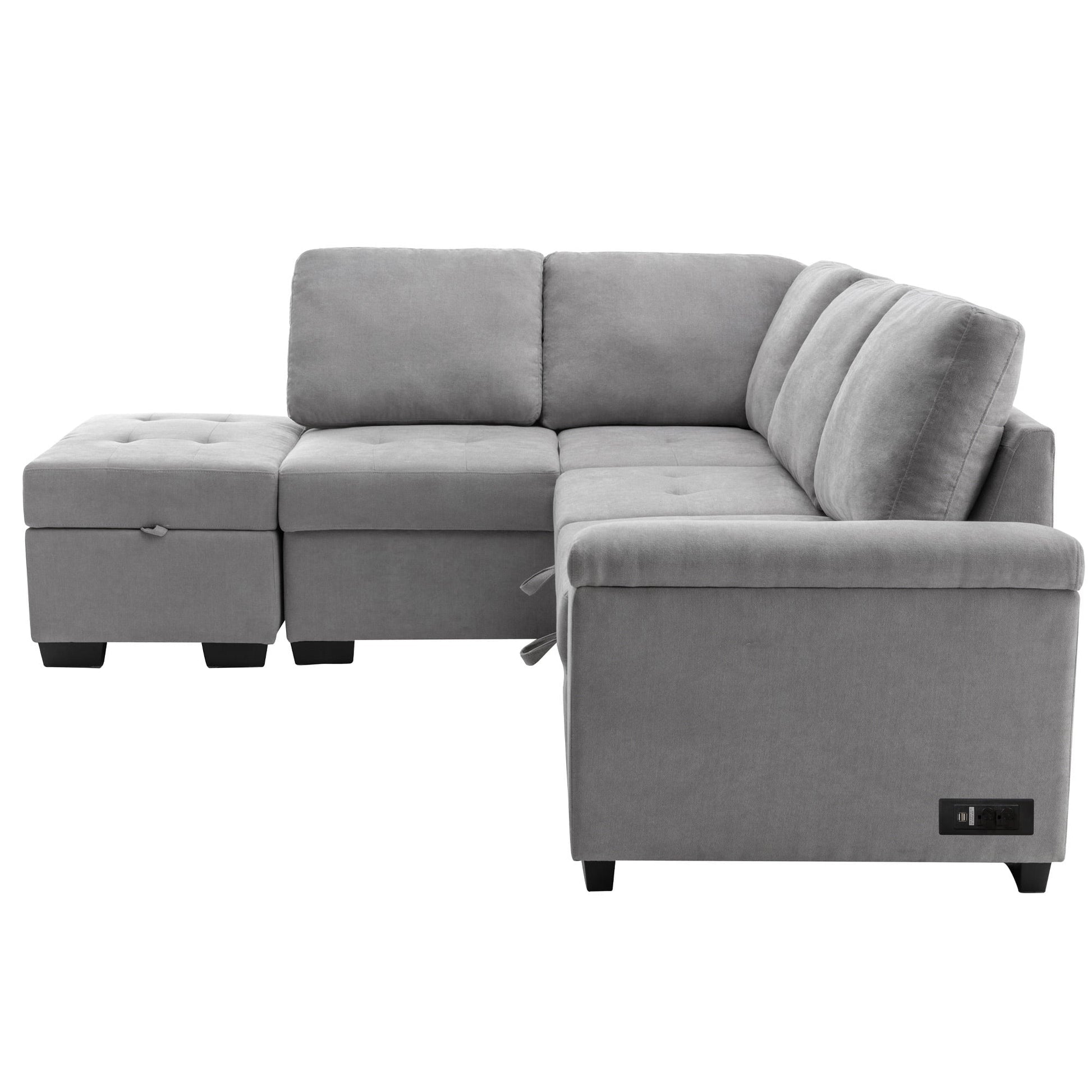 Euroco L-Shape Sofa Bed with Storage Ottoman and Hidden Arm Storage, Sectional Sofa Sleeper with USB Port for Living Room Apartment, Gray