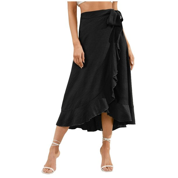 Clearance!Midi Skirt OTEMRCLOC Women's Floral Flowy Midi Skirts Wrap Ruffle High Waisted Slit Beach Skirt Black XL
