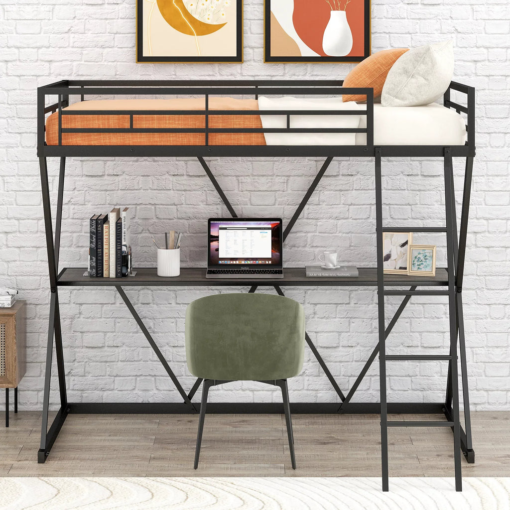 Euroco Steel Twin Loft Bed with Desk and Ladder, X-Shaped Frame, Black