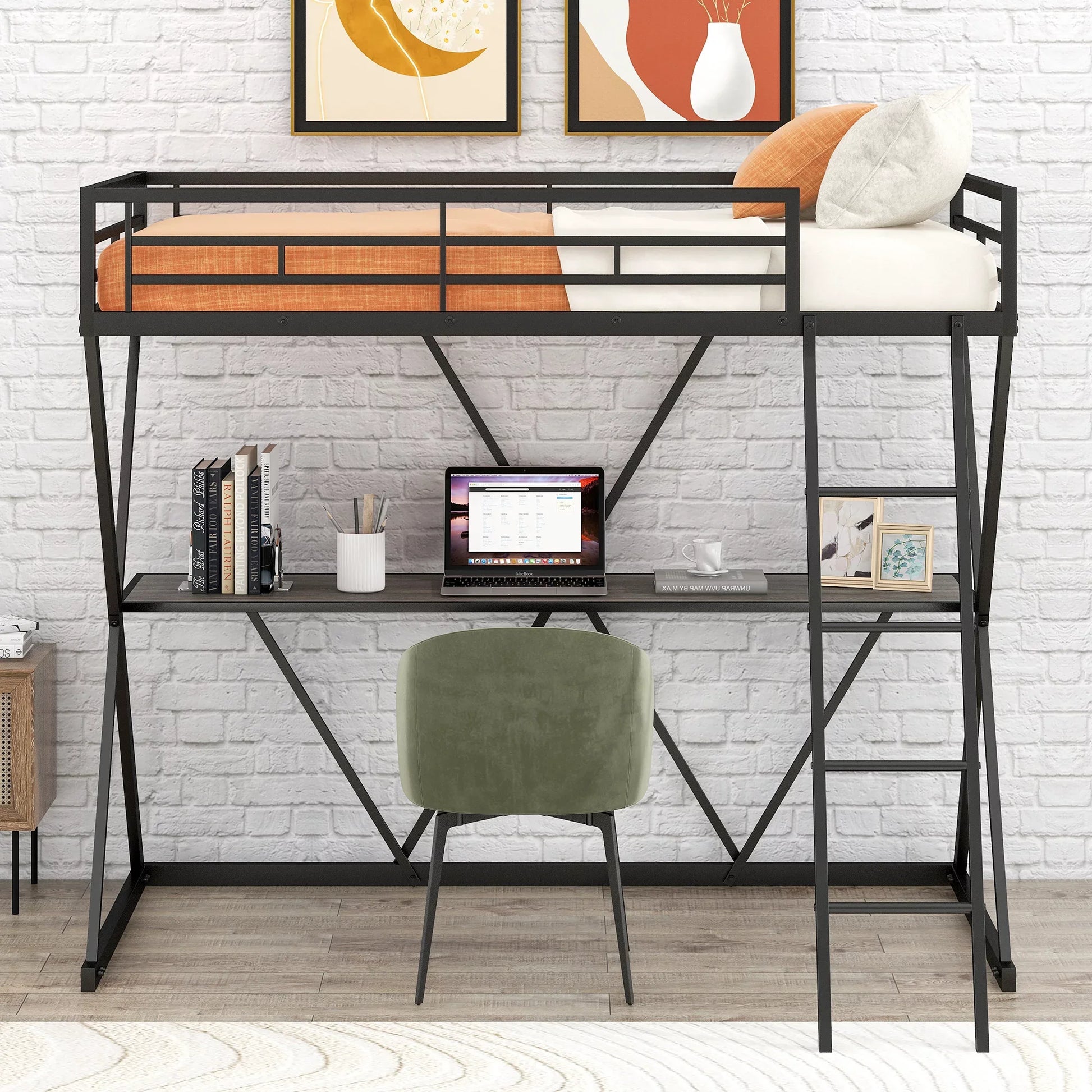 Euroco Steel Twin Loft Bed with Desk and Ladder, X-Shaped Frame, Black