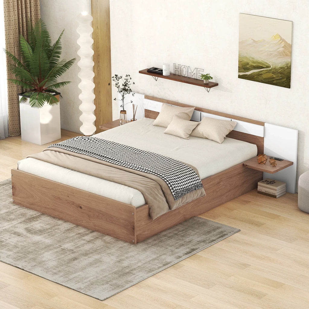 Euroco Wood Queen Size Platform Bed with Shelf and Charging Station, Natural