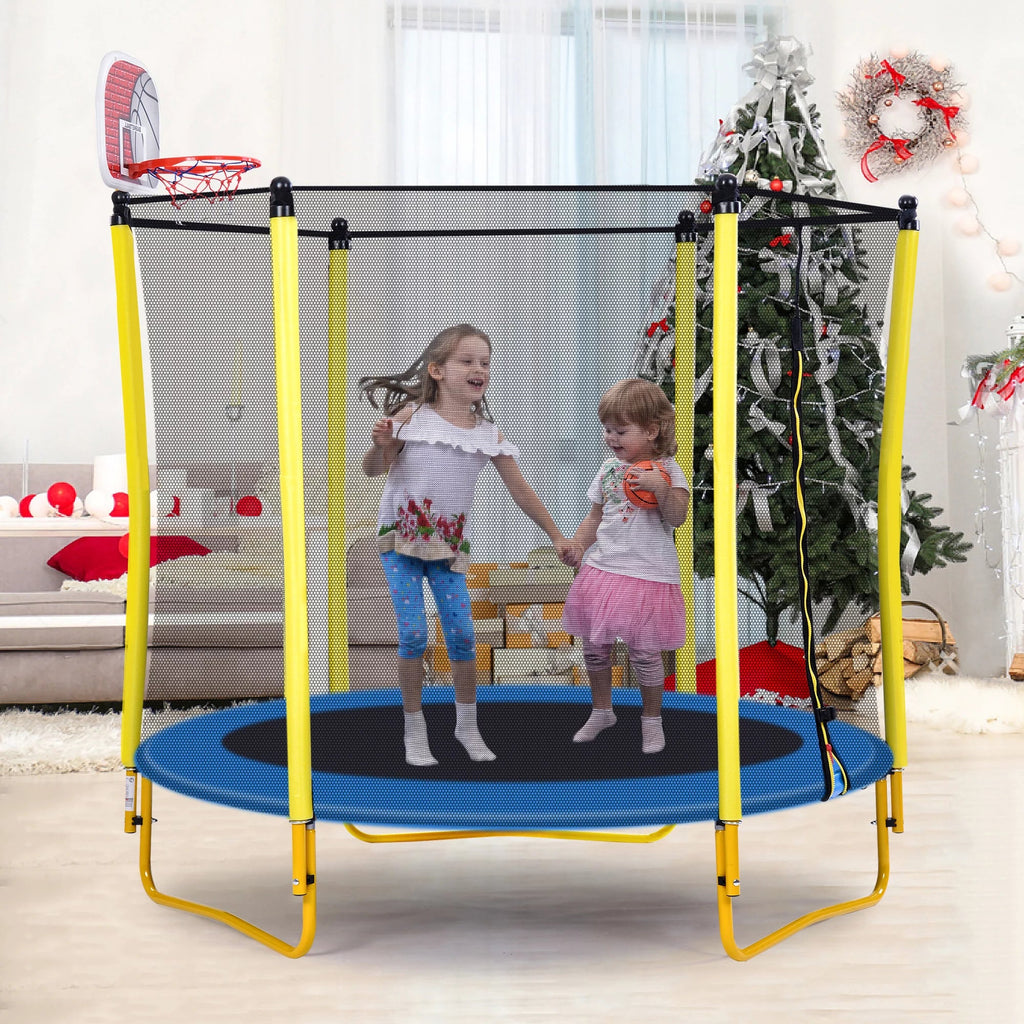 EUROCO 220LBS 5.5FT Trampoline for Kids - 65" Outdoor & Indoor Mini Toddler Trampoline with Enclosure, Basketball Hoop and Ball Included