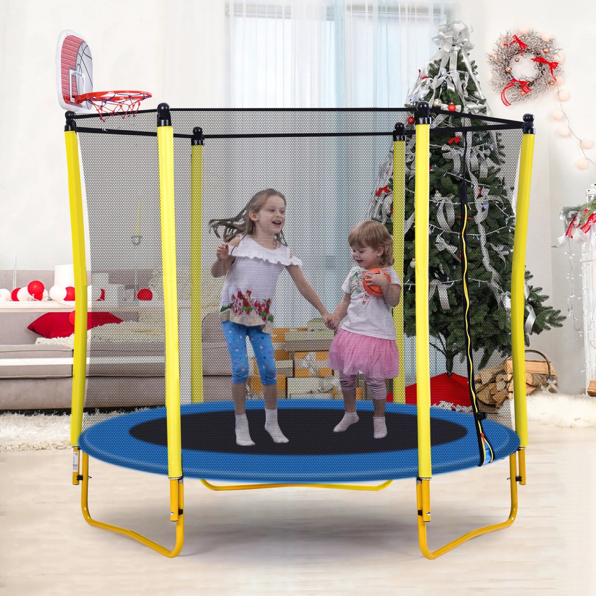 EUROCO 220LBS 5.5FT Trampoline for Kids - 65" Outdoor & Indoor Mini Toddler Trampoline with Enclosure, Basketball Hoop and Ball Included
