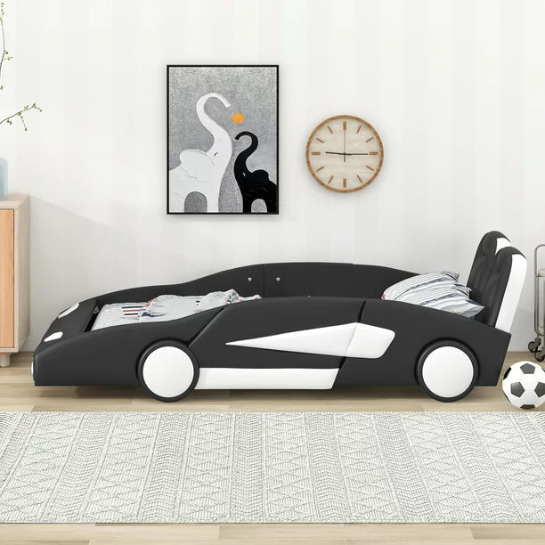 Modern Wood Race Car-Shaped Twin Platform Bed for Kids’ Bedroom, Black