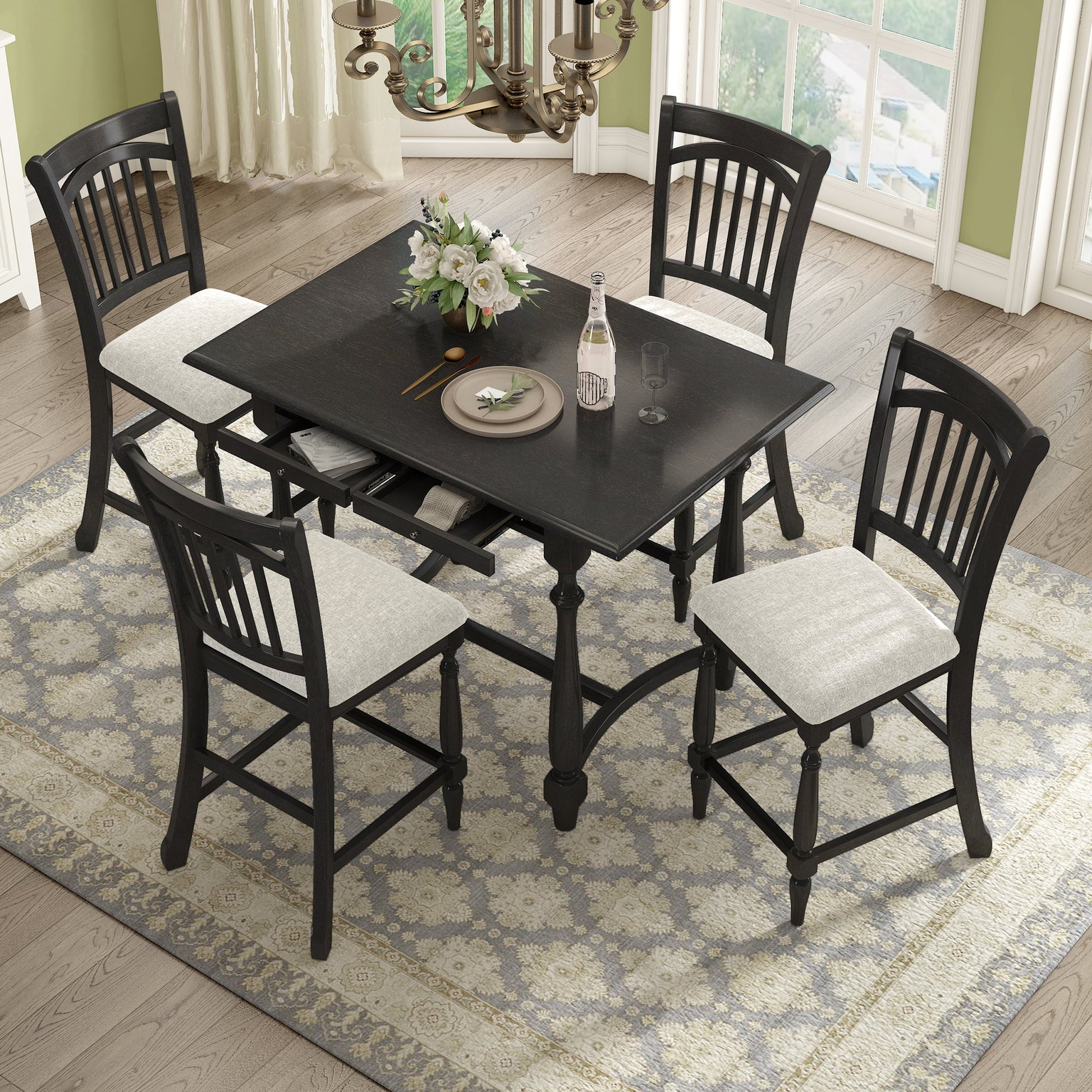 EUROCO 5-Piece 36.4"H Mid-Century Farmhouse Wood Dining Table Set ,Kitchen Dining Table with 2 Drawers and 4 Upholstered Chairs, Espresso