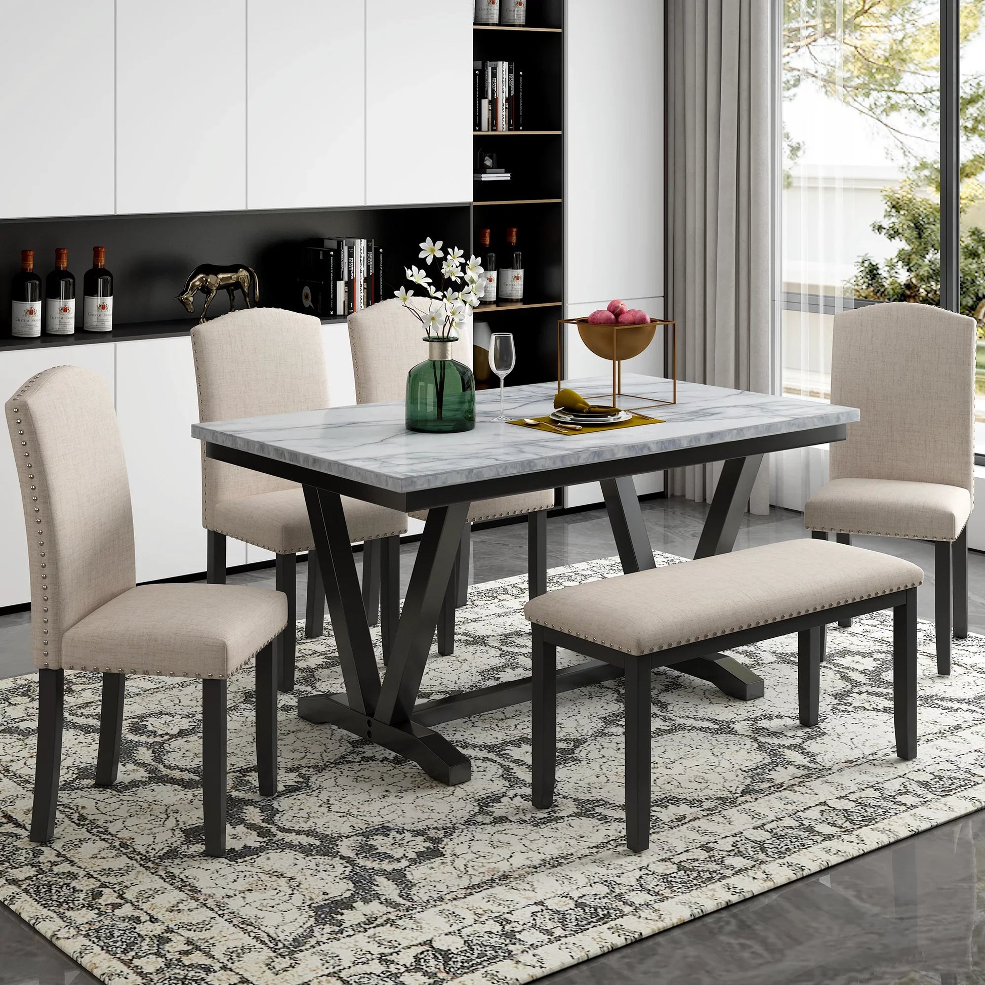 EUROCO 6 Piece Kitchen Dining Table and Chair Set,60” Dining Room Table Set with Marbled Veneers Tabletop,V-shaped Table Legs,4 Fabric Chairs and 1 Fabric Bench,Rectangle Dining Table Set for 6
