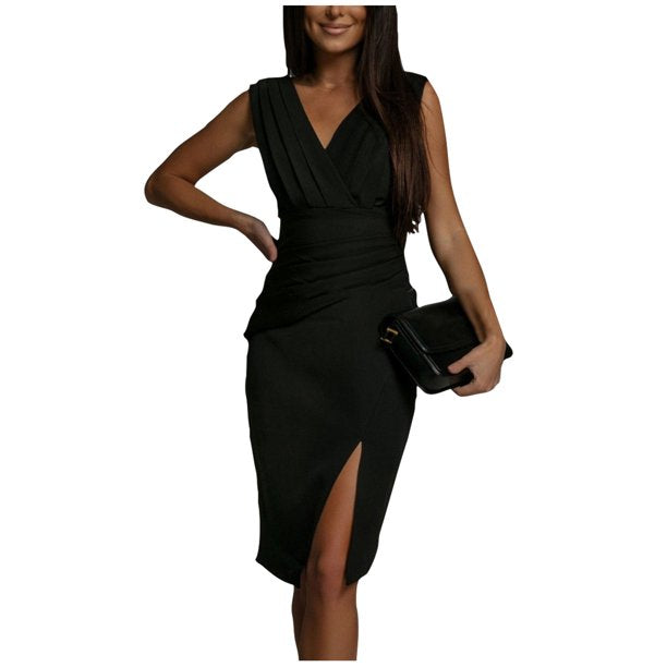 Clearance! OTEMRCLOC Women's Summer Solid Pleated V-Neck Sleeveless Split High Waist Evening Elegant Dress for Women Black XXL