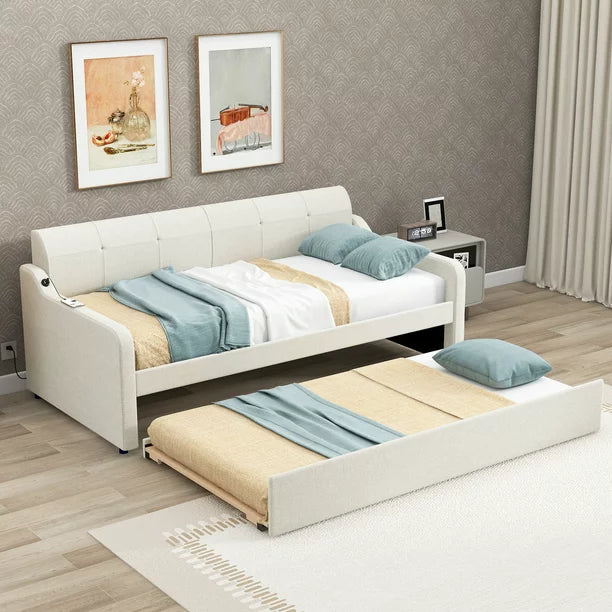 EUROCO Twin Size Upholstery DayBed with Convertible Trundle and USB Charging Station, Beige