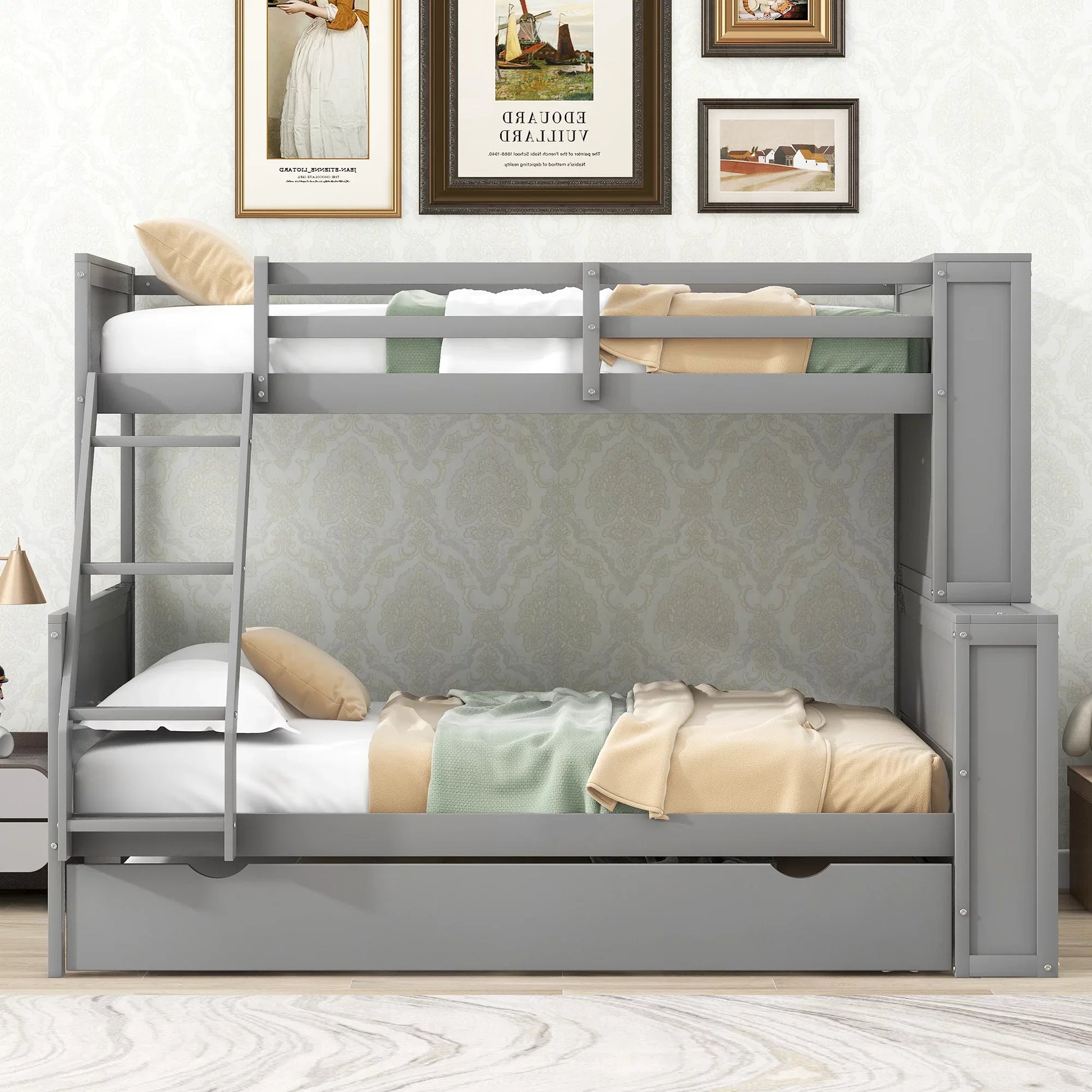 Pine Wood Twin over Full Bunk Bed with Trundle and Display Shelves for Kids Bedroom, Gray