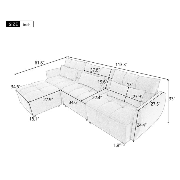 Euroco Convertible Sectional Sofa with Ottaman, L-Shaped Sofa with USB Port for Living Room, Beige, 113.3" L